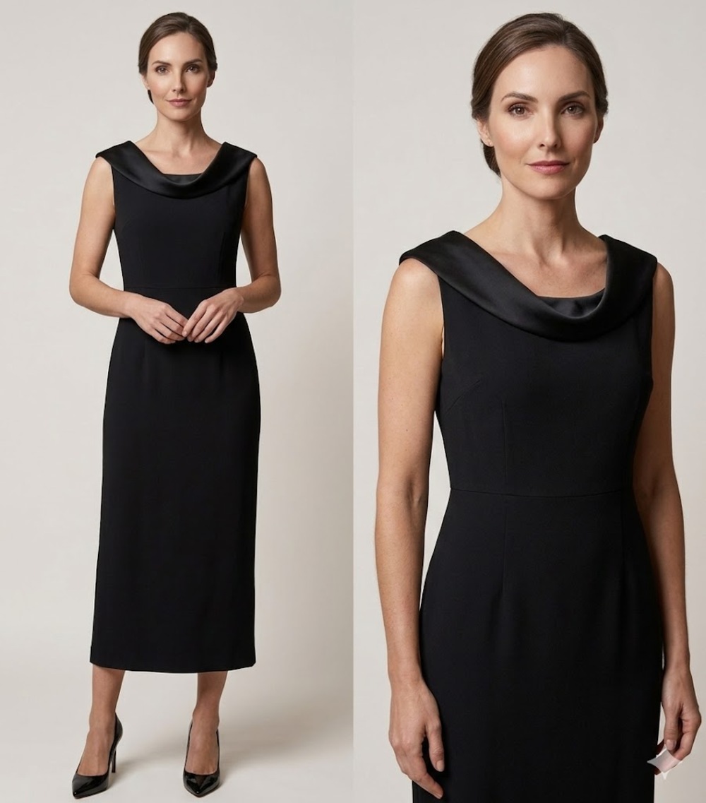 Jones New York Evening Midi Dress Black Satin Portrait Neckline Vintage 8